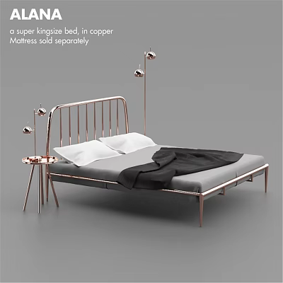Modern Double Bed with Metal Frame Headboard White Pillows Black Blanket and Side Table Lamp 3d model