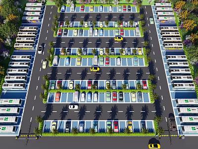 Eco Friendly Parking Lot With Neatly Arranged Parking Spaces Greenery And Parked Vehicles 3d model