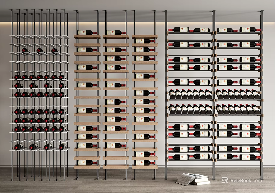 Modern Wine Cabinet Storage Design With Multiple Wooden Metal Shelves And Red Wine Bottles 3d model 