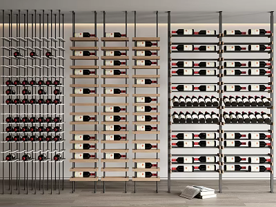 Modern Wine Cabinet Storage Design With Multiple Wooden Metal Shelves And Red Wine Bottles 3d model