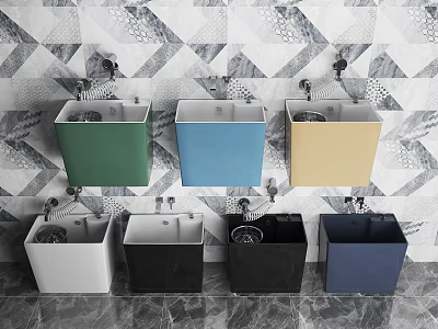 Multicolored Wall Mounted Sinks On Geometric Patterned Wall With Marble Floor 3d model