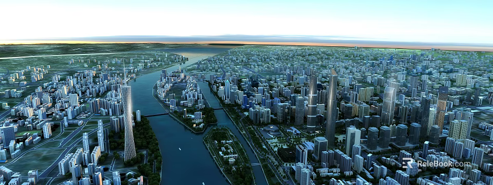 Aerial Modern Urban Planning View With River Skyscrapers Bridges And Green Spaces 3d model 
