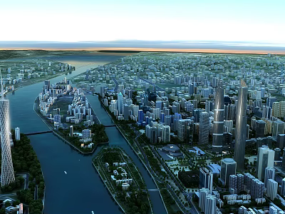 Aerial Modern Urban Planning View With River Skyscrapers Bridges And Green Spaces 3d model