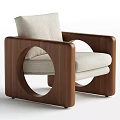 Modern Armchair With Wooden Armrests Circular Cutout Design And Light Colored Fabric