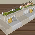 Modern Banquette Sofa With Wooden Structure Decorative Cushions And Green Plants