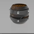 Vintage Round Wooden Barrel With Brown Wood Metal Hoops And Decorative Rivets
