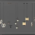 Various modern pendant lights with unique designs displayed on gray wall 3d model