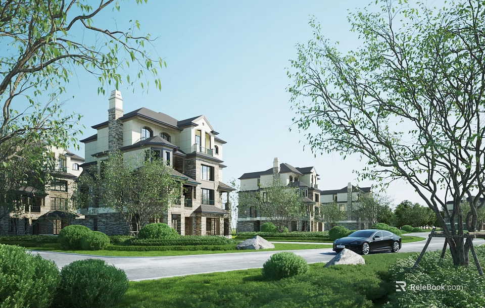 Elegant Detached Villa Exterior With Green Lawn Trees Driveway And Parked Car 3d model 