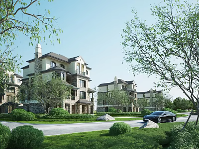 Elegant Detached Villa Exterior With Green Lawn Trees Driveway And Parked Car 3d model
