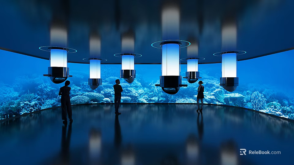 Underwater Exhibition Hall Interior With Cylindrical Ceiling Lights Coral Fish Reflective Floor And People Standing 3d model 