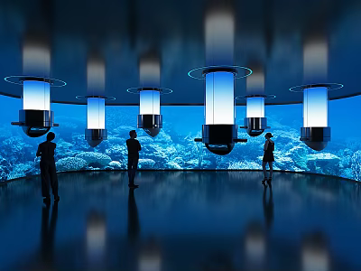 Underwater Exhibition Hall Interior With Cylindrical Ceiling Lights Coral Fish Reflective Floor And People Standing 3d model