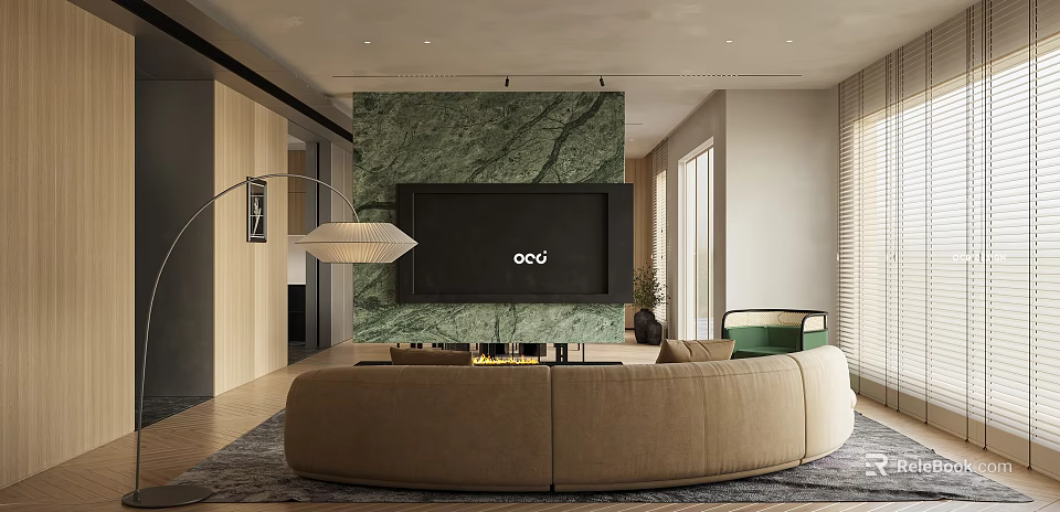 Modern Living and Dining Room Interior With Marble Accent Wall And Beige Sofa 3d model 