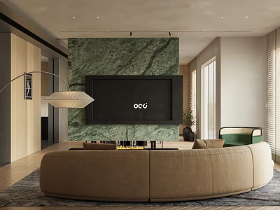 Modern Living and Dining Room Interior With Marble Accent Wall And Beige Sofa 3d model