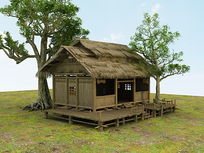 Traditional Thatched House With Wooden Structure Deck and Surrounding Green Grass 3d model