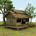 Traditional Thatched House With Wooden Structure Deck and Surrounding Green Grass