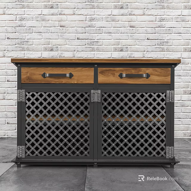Entryway Cabinet Sideboard With Two Drawers Lattice Doors Wooden Top And Metal Frame 3d model 