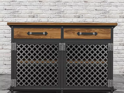 Entryway Cabinet Sideboard With Two Drawers Lattice Doors Wooden Top And Metal Frame 3d model