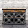 Entryway Cabinet Sideboard With Two Drawers Lattice Doors Wooden Top And Metal Frame