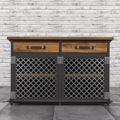 Entryway Cabinet Sideboard With Two Drawers Lattice Doors Wooden Top And Metal Frame 3d model