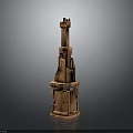 Carved Brown Sculptural Tower Structure With Textured Surface And Layered Sections