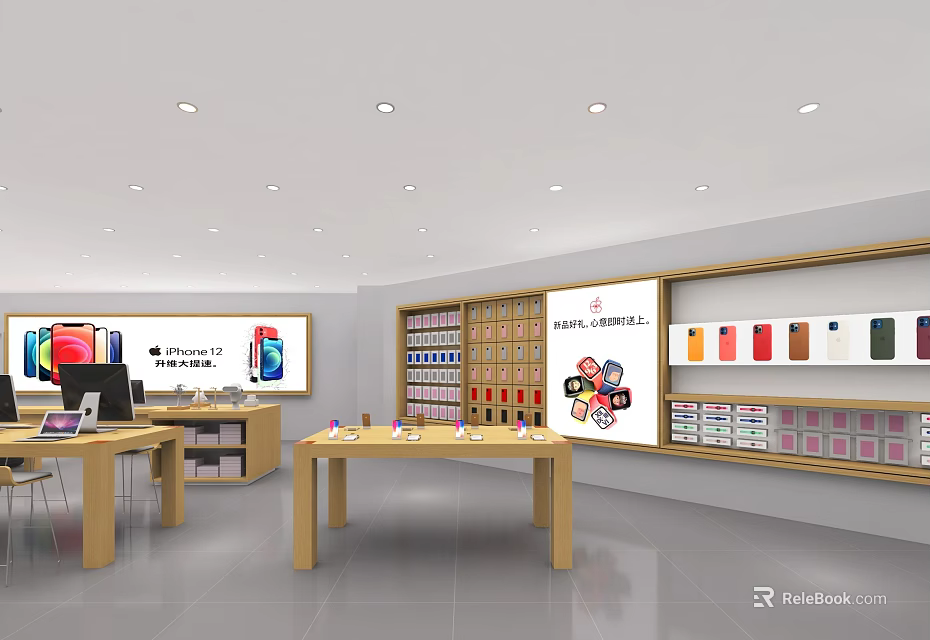 Modern Electronics Retail Store With Display Shelves Mobile Phones And Wooden Tables 3d model 
