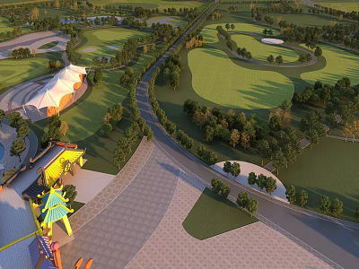 Amusement Park Landscape Featuring Various Rides Green Lawns Winding Paths And Trees 3d model