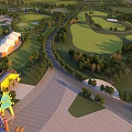 Amusement Park Landscape Featuring Various Rides Green Lawns Winding Paths And Trees