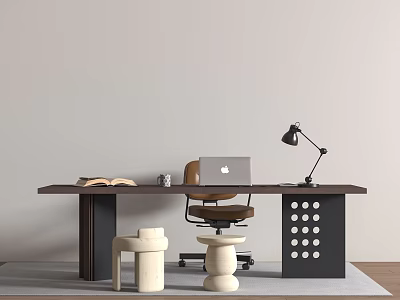Modern Desk Chair Combination Desk Office Chair Laptop Shangri-La Curtain Carpet 3d model
