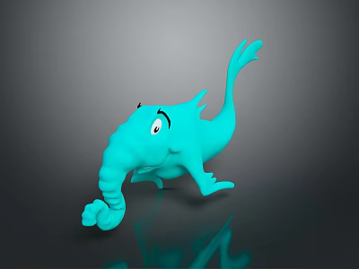 Turquoise Cartoon Animal With Long Trunk Big Eyes Streamlined Body On Gray Background And Reflection 3d model