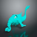 Turquoise Cartoon Animal With Long Trunk Big Eyes Streamlined Body On Gray Background And Reflection