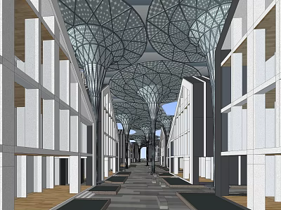Modern Commercial Street With Open Layout Unique Roof Structure And Pedestrian Walkway 3d model