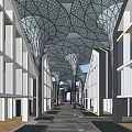 Modern Commercial Street With Open Layout Unique Roof Structure And Pedestrian Walkway
