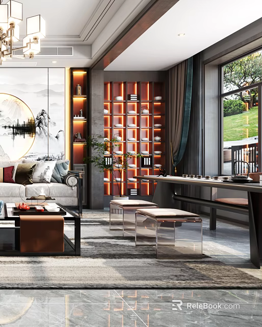 Modern Chinese Dining and Living Room With Sofa Coffee Table Lattice Partition and Landscape Painting 3d model 