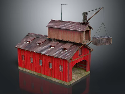 Red Industrial Factory Building With Two Story Structure Corrugated Metal Roof And Crane 3d model