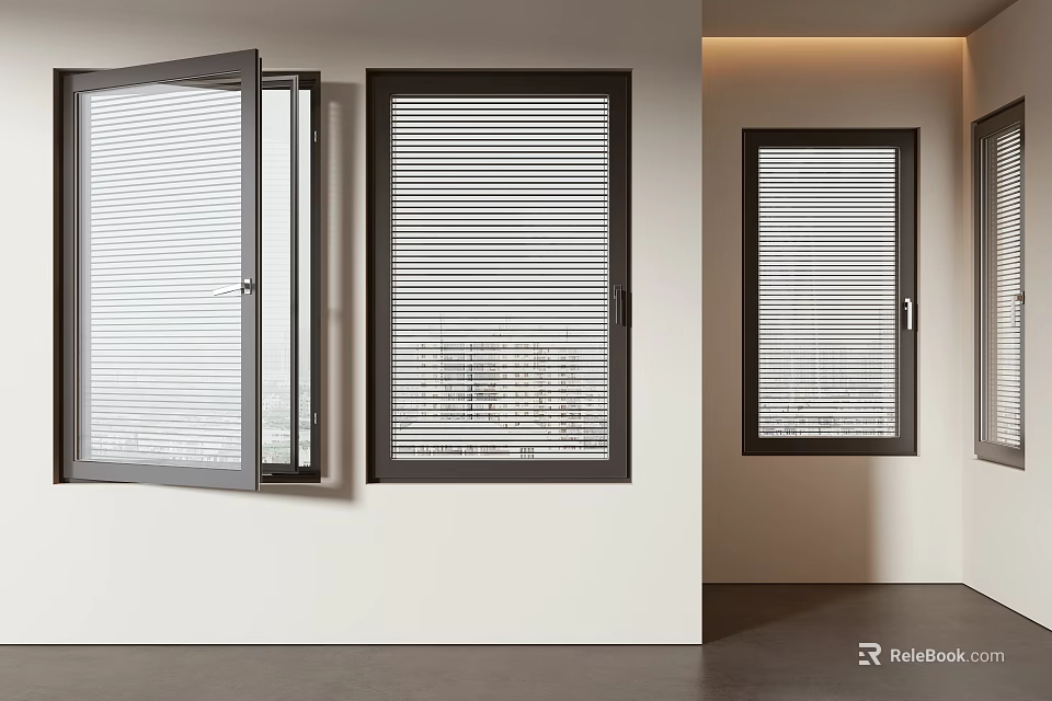 Casement Windows with Dark Frames and Blinds in Modern Minimalist Interior with Light-Colored Walls 3d model 