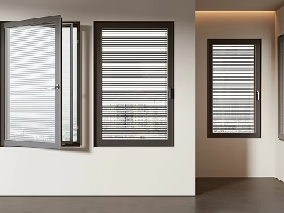 Casement Windows with Dark Frames and Blinds in Modern Minimalist Interior with Light-Colored Walls 3d model