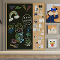 Creative Wall Decor with Chalkboard Corkboard Children's Drawings Rainbow Triangles Sticky Notes and Cartoon Art
