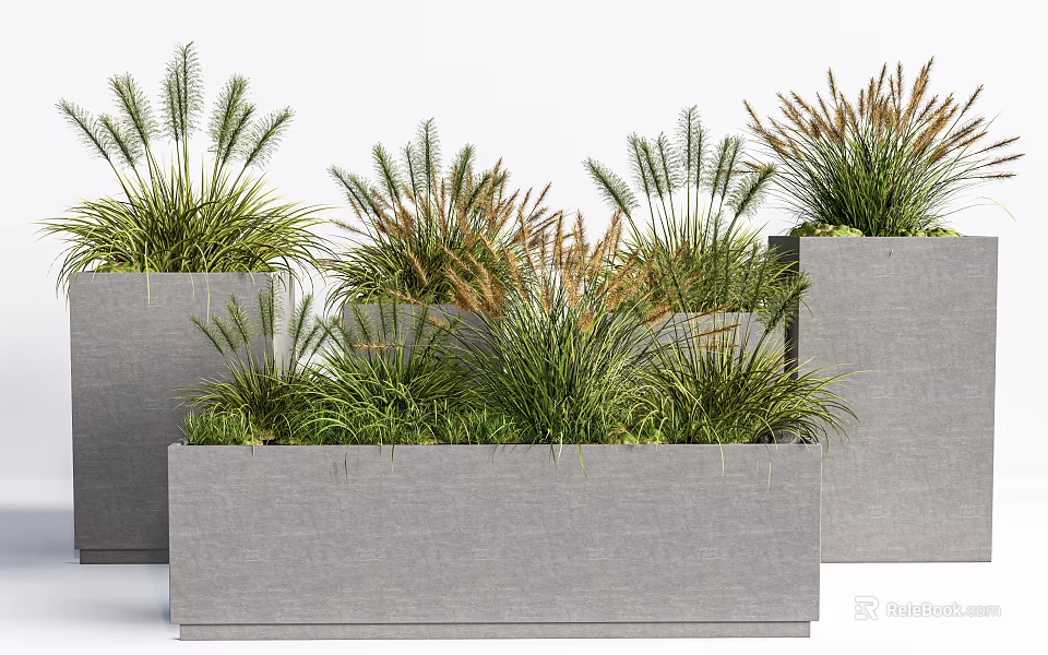 Modern Rectangular Gray Planters With Lush Herbaceous Potted Plants 3d model