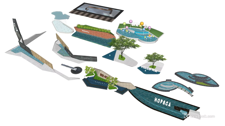 Creative Garden Ornaments Design With Ponds Trees Decorative Paths And Small Structures 3d model