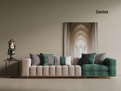 Cassina Beige And Green Sofa With Throw Pillows Side Table Lamp And Arch Wall Art 3d model