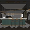 Modern Café Interior With Green Bar Counter Decorative Chandelier Stools And White Rug
