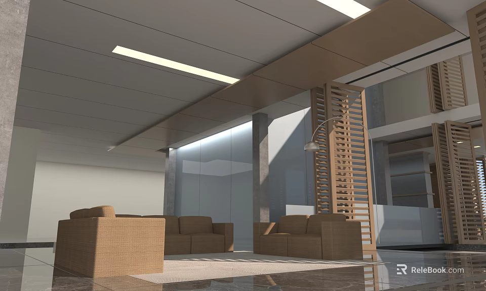 Modern Office Interior With Open Layout Sofas Wooden Partition Marble Floor And Ceiling Light Strips 3d model 