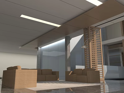 Modern Office Interior With Open Layout Sofas Wooden Partition Marble Floor And Ceiling Light Strips 3d model