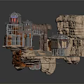 Rock Structure Building with Multiple Levels Wooden Frame Red Roof and Staircase