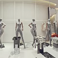Modern Fashion Clothing Store Interior With Mannequins Red Decor Clothing Racks Display Tables and Lighting