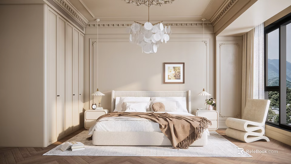 Elegant Modern Bedroom Interior With Beige Bed Nightstands Chandelier Framed Artwork And Plush Rug 3d model 