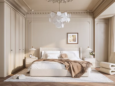 Elegant Modern Bedroom Interior With Beige Bed Nightstands Chandelier Framed Artwork And Plush Rug 3d model