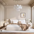 Elegant Modern Bedroom Interior With Beige Bed Nightstands Chandelier Framed Artwork And Plush Rug