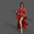 Woman Standing In Red Robe Holding Sword With Grey Robed Statue