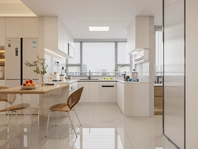 Modern Kitchen Interior Design With White Cabinets Dining Table Chairs Natural Light And Appliances 3d model